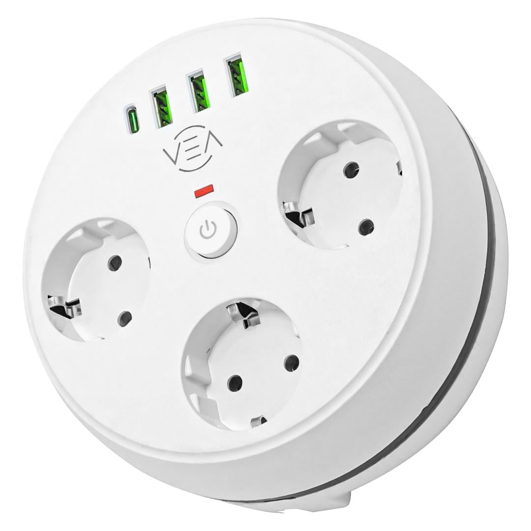 VEA VE-26583 3LÜ 1.5 METRE KABLOLU 3 USB + TYPE-C GİRİŞLİ AKIM KORUMALI GRUP PRİZ