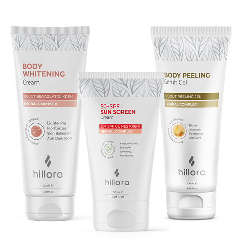 Hillora Body Whitening Cream & Hillora 50+ Spf Sun Screen Cream & Hillora Body Peeling Scrub Gel Set