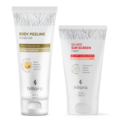 Hillora Body Peeling Scrub Gel & Hillora 50+ Spf Sun Screen Cream Set