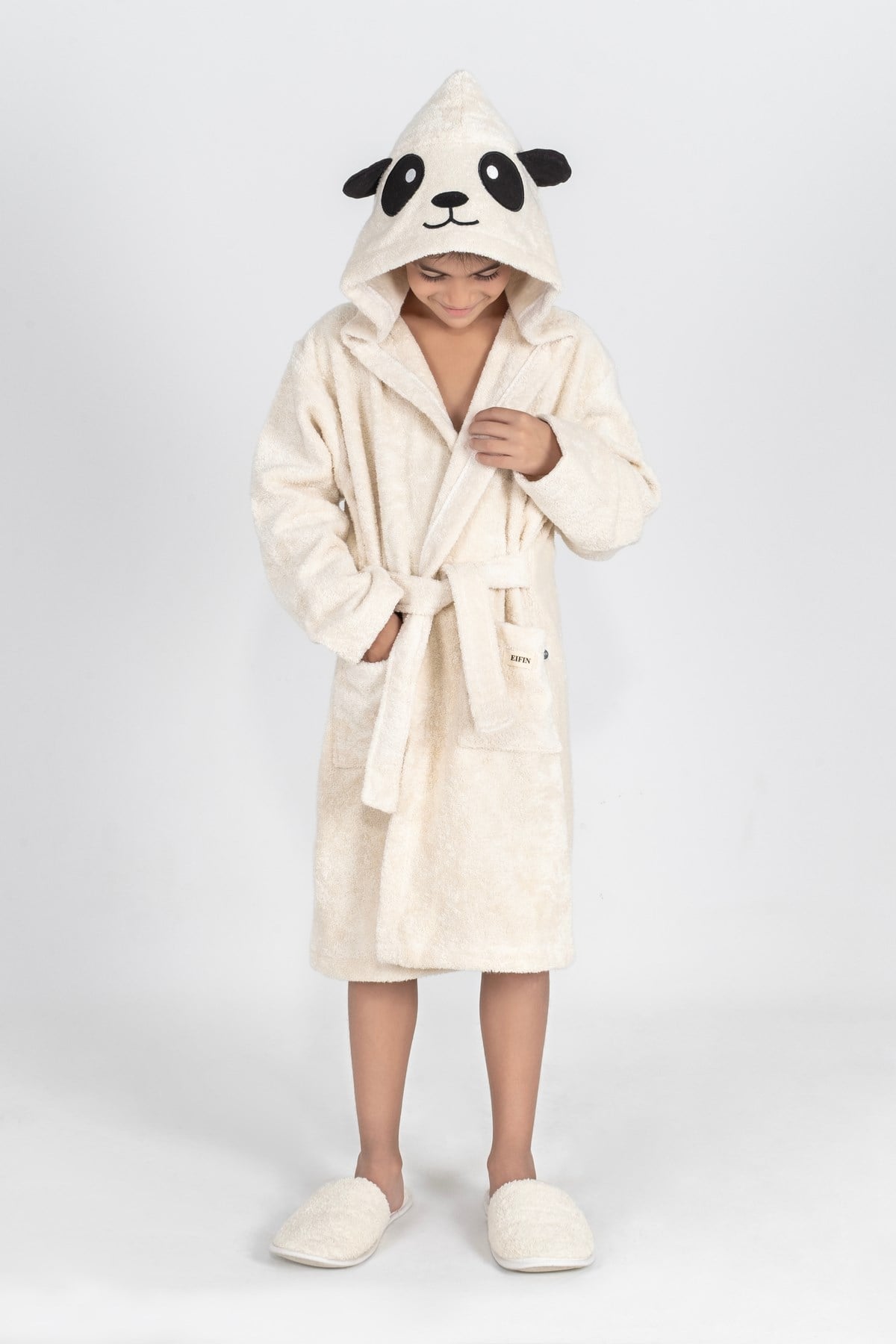 %100 Pamuklu Kapüşonlu Panda Nakışlı Çocuk Bornozu Unisex