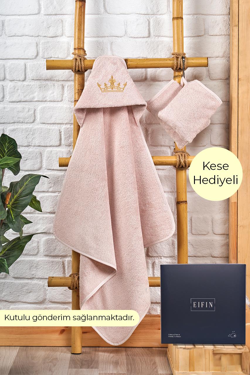 Bambu Taç Nakışlı Özel Kutusunda Bebek Havlu Kundak Ve Kese Seti  PEMBE
