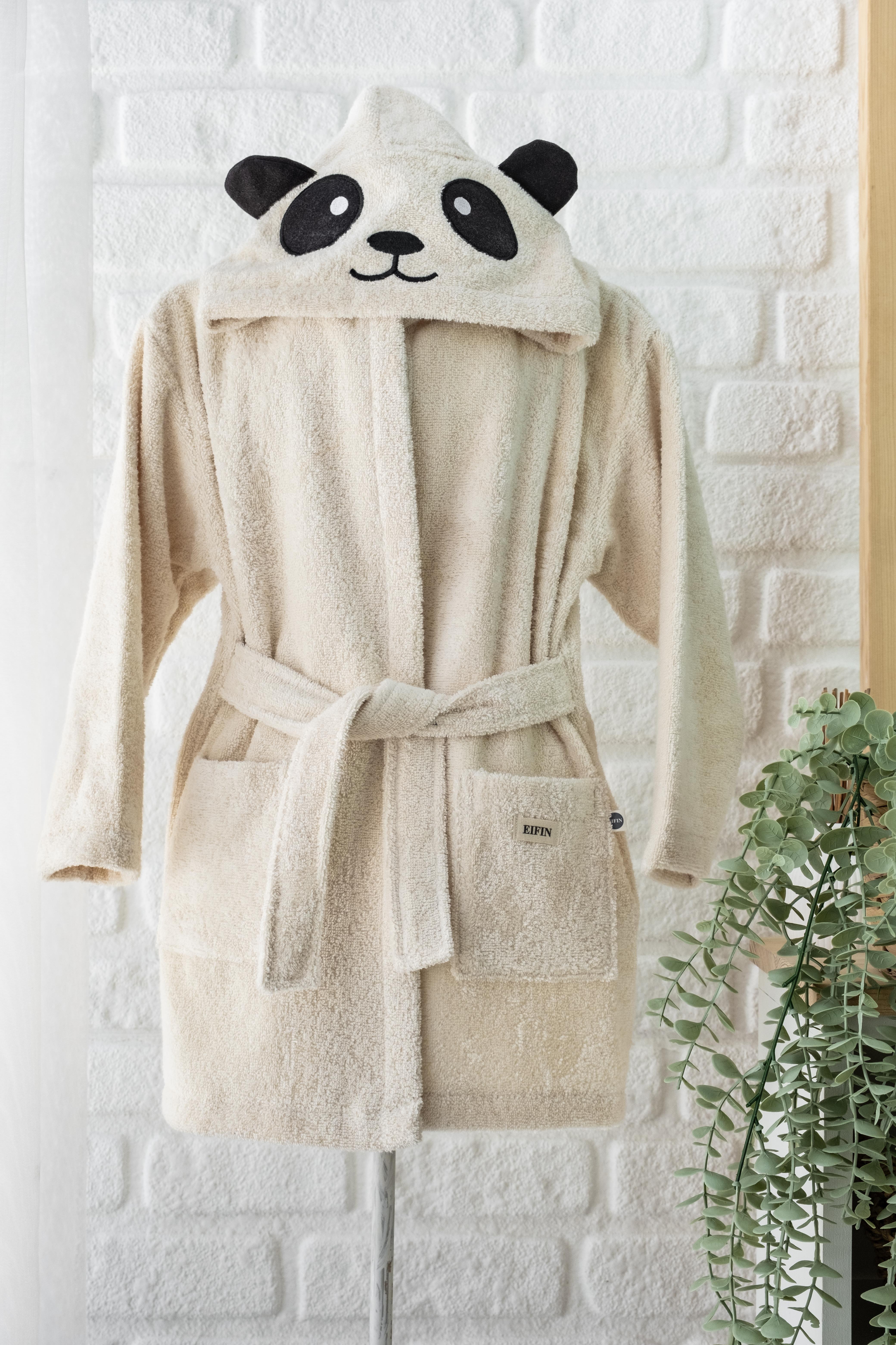 EIFIN %100 Pamuklu Kapüşonlu Panda Nakışlı Çocuk Bornozu Unisex Ekru