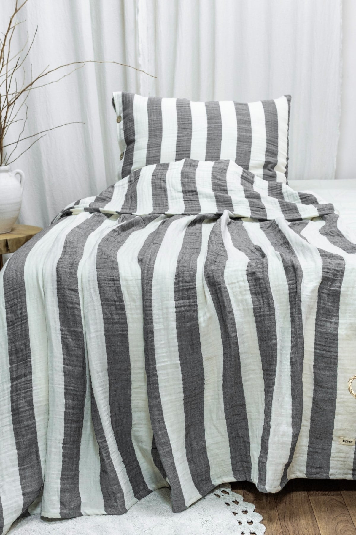 Modern Tek Kişilik %100 Pamuk 3 Katlı Müslin Yatak Örtüsü Seti Çizgili