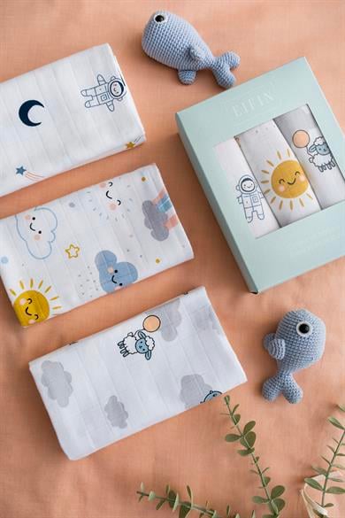 Çok Amaçlı Müslin Örtü & Battaniye 3'lü Baskılı Set %100 Pamuk Oeko-tex Sertifikalı Kutulu