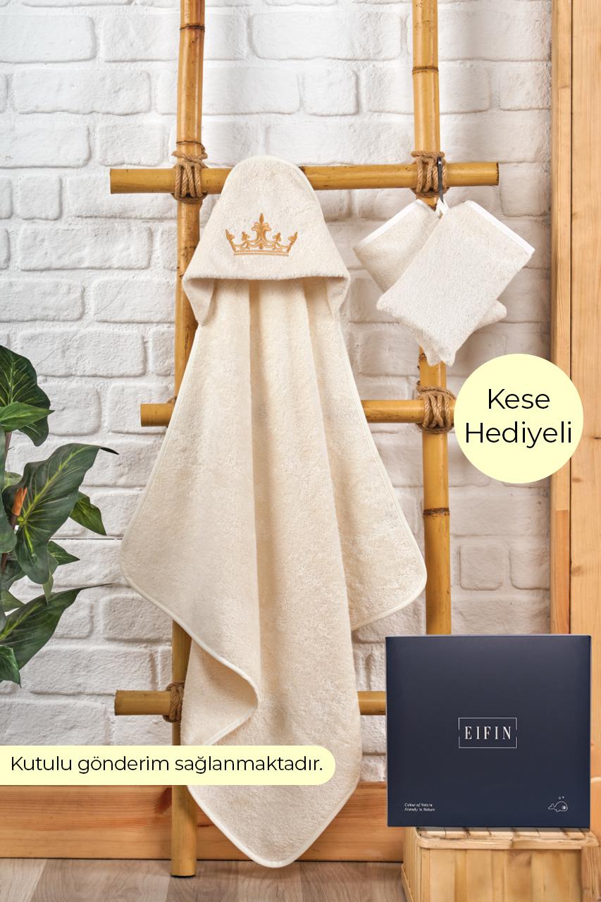Bambu Taç Nakışlı Özel Kutusunda Bebek Havlu Kundak Ve Kese Seti EKRU