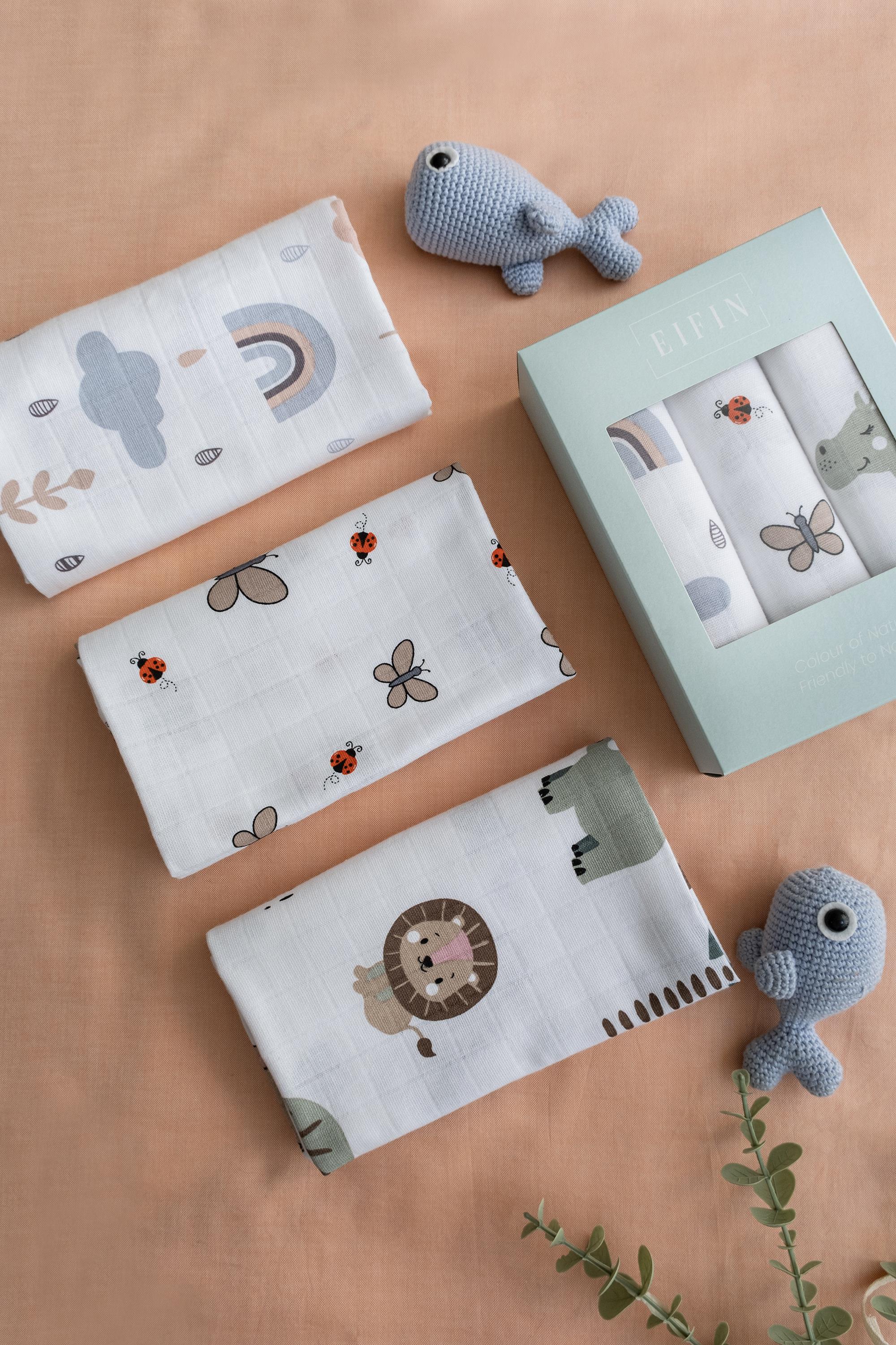 Çok Amaçlı Müslin Örtü & Battaniye 3'lü Baskılı Set %100 Pamuk Oeko-tex Sertifikalı Kutulu