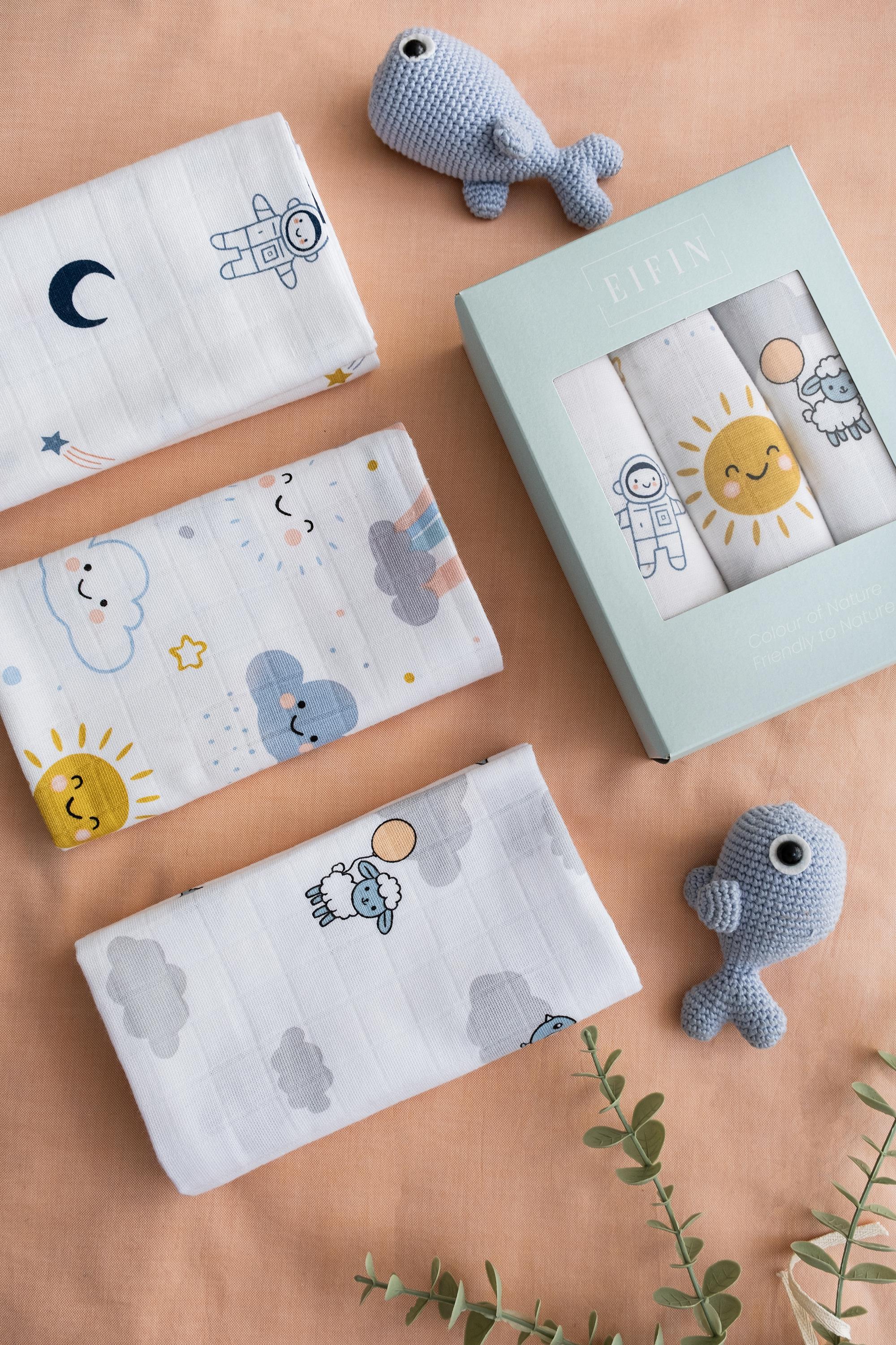 Çok Amaçlı Müslin Örtü & Battaniye 3'lü Baskılı Set %100 Pamuk Oeko-tex Sertifikalı Kutulu