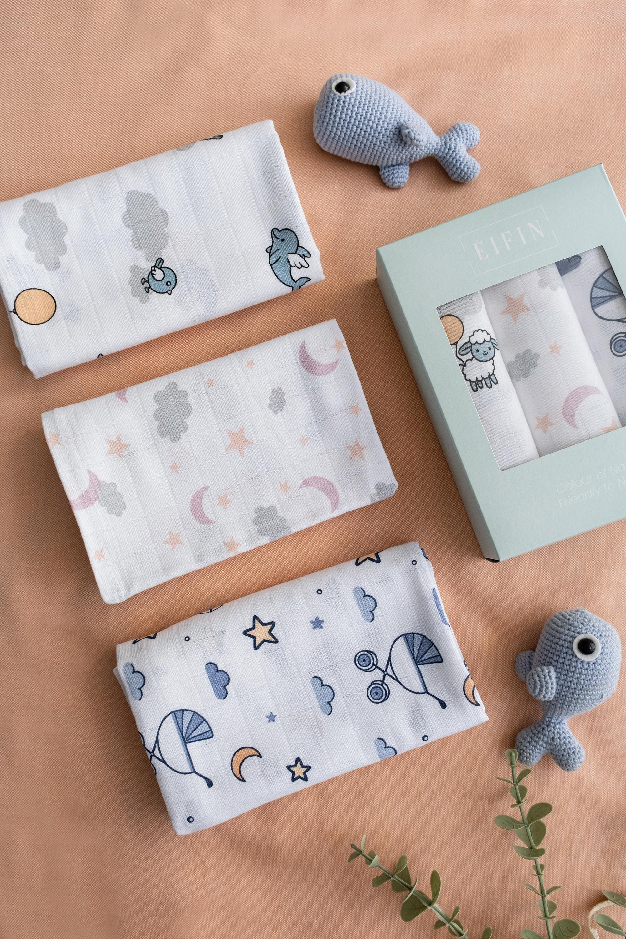 Çok Amaçlı Müslin Örtü & Battaniye 3'lü Baskılı Set %100 Pamuk Oeko-tex Sertifikalı Kutulu