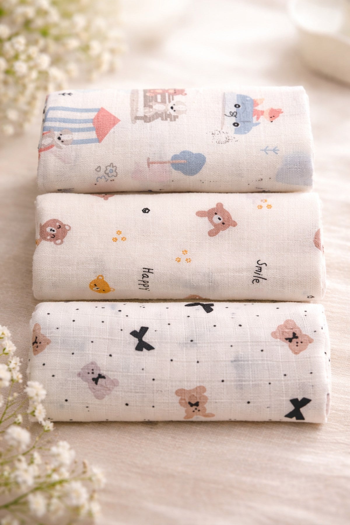 Çok Amaçlı Müslin Örtü & Battaniye 3'lü Set %100 Pamuk Oeko-tex Sertifikalı Kutulu