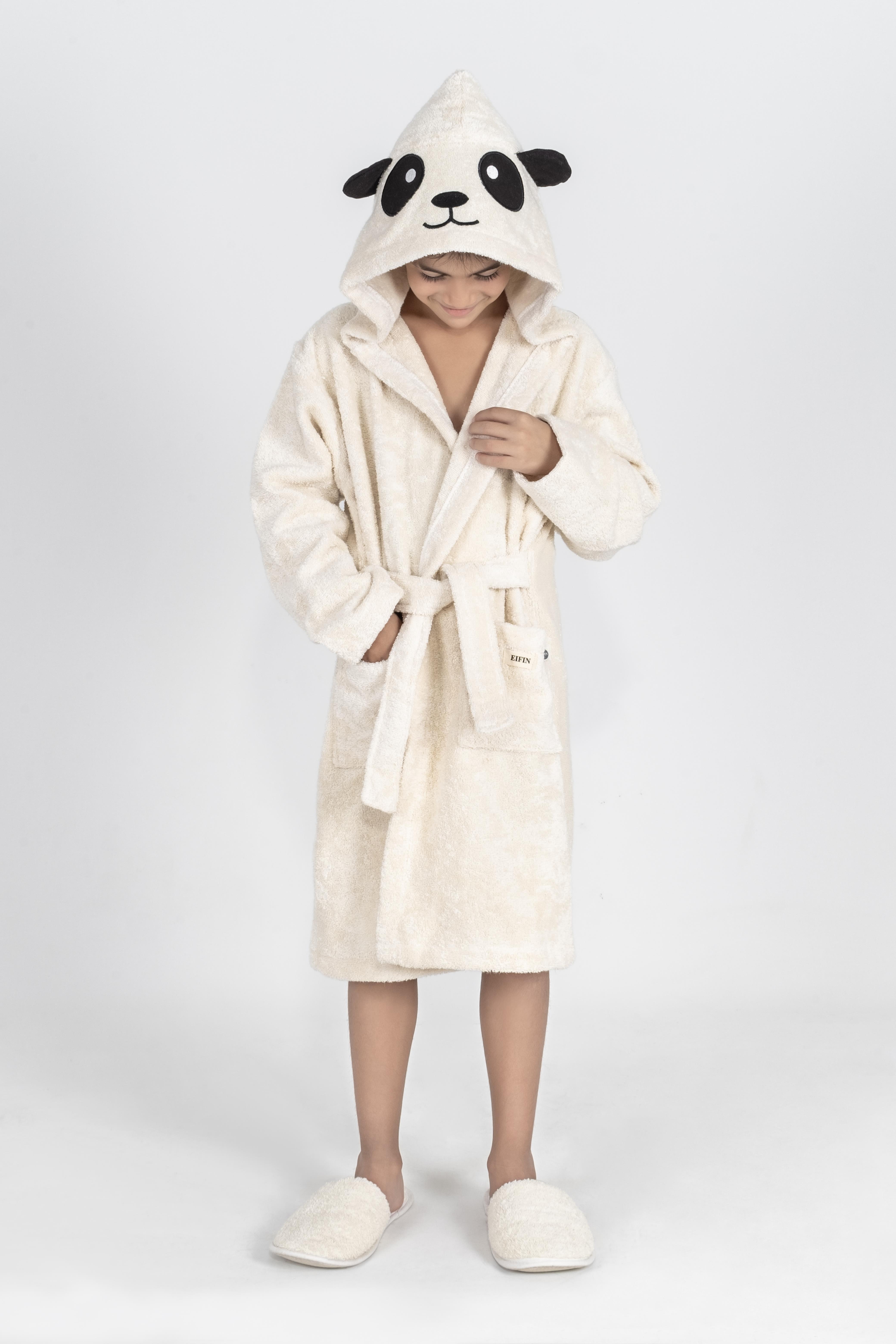 EIFIN %100 Pamuklu Kapüşonlu Panda Nakışlı Çocuk Bornozu Unisex Ekru