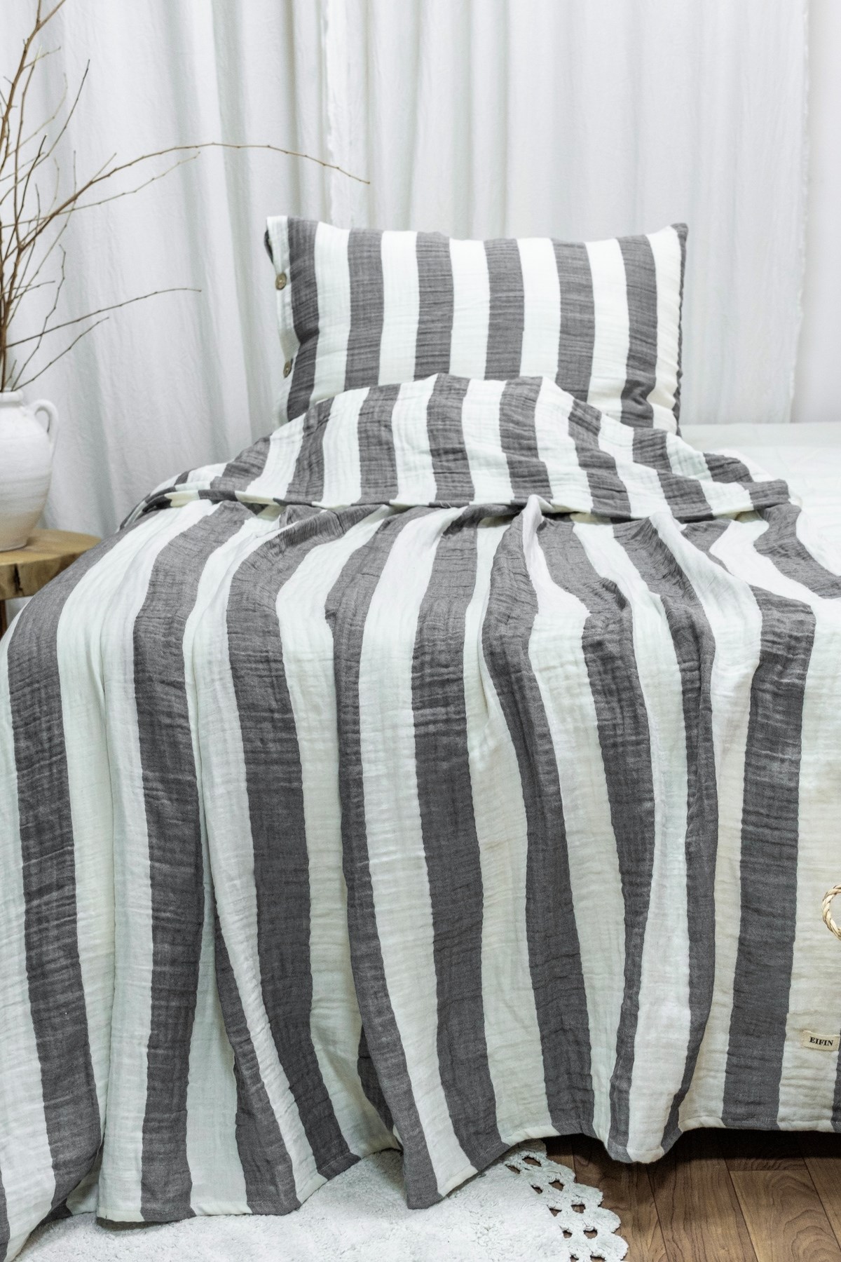 Modern Tek Kişilik %100 Pamuk 3 Katlı Müslin Yatak Örtüsü Seti Çizgili