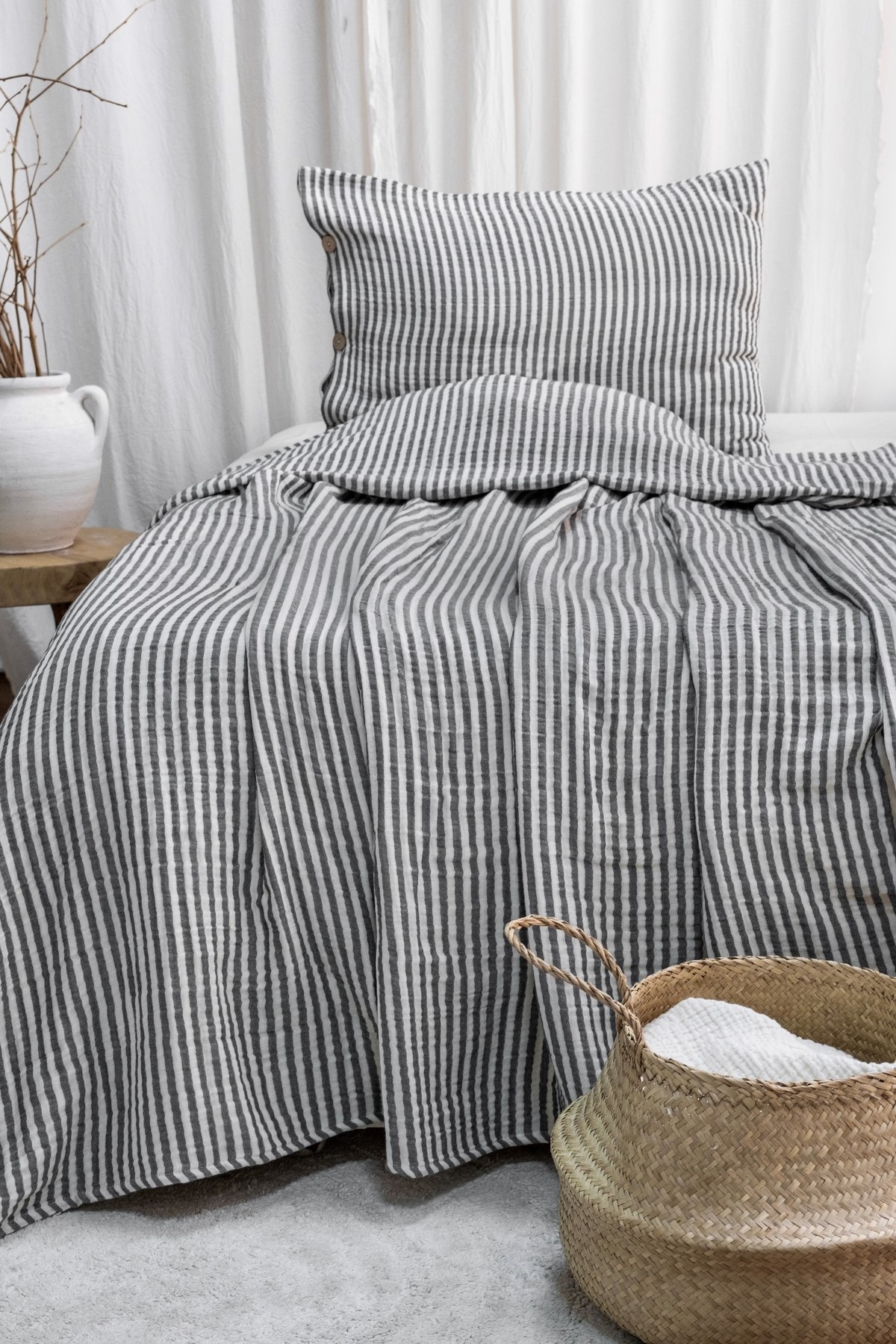 Modern Tek Kişilik %100 Pamuk 3 Katlı Müslin Yatak Örtüsü Seti Çizgili