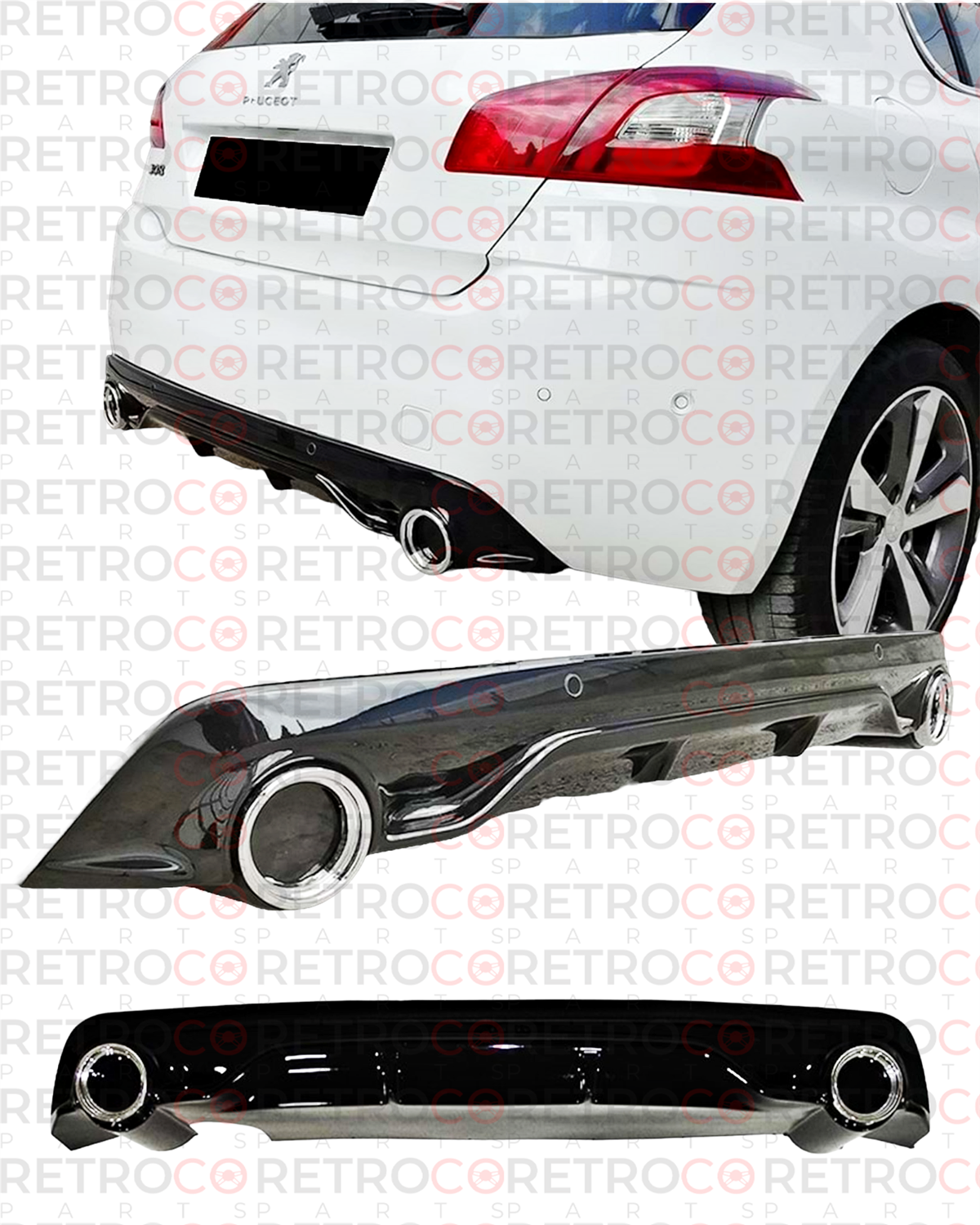 308 Race Rear Diffuser With 2 Chrome Exhaust Tips Piano Black Vacuum Plastic  2012-2018 2013 Later  T9 - T9 FL