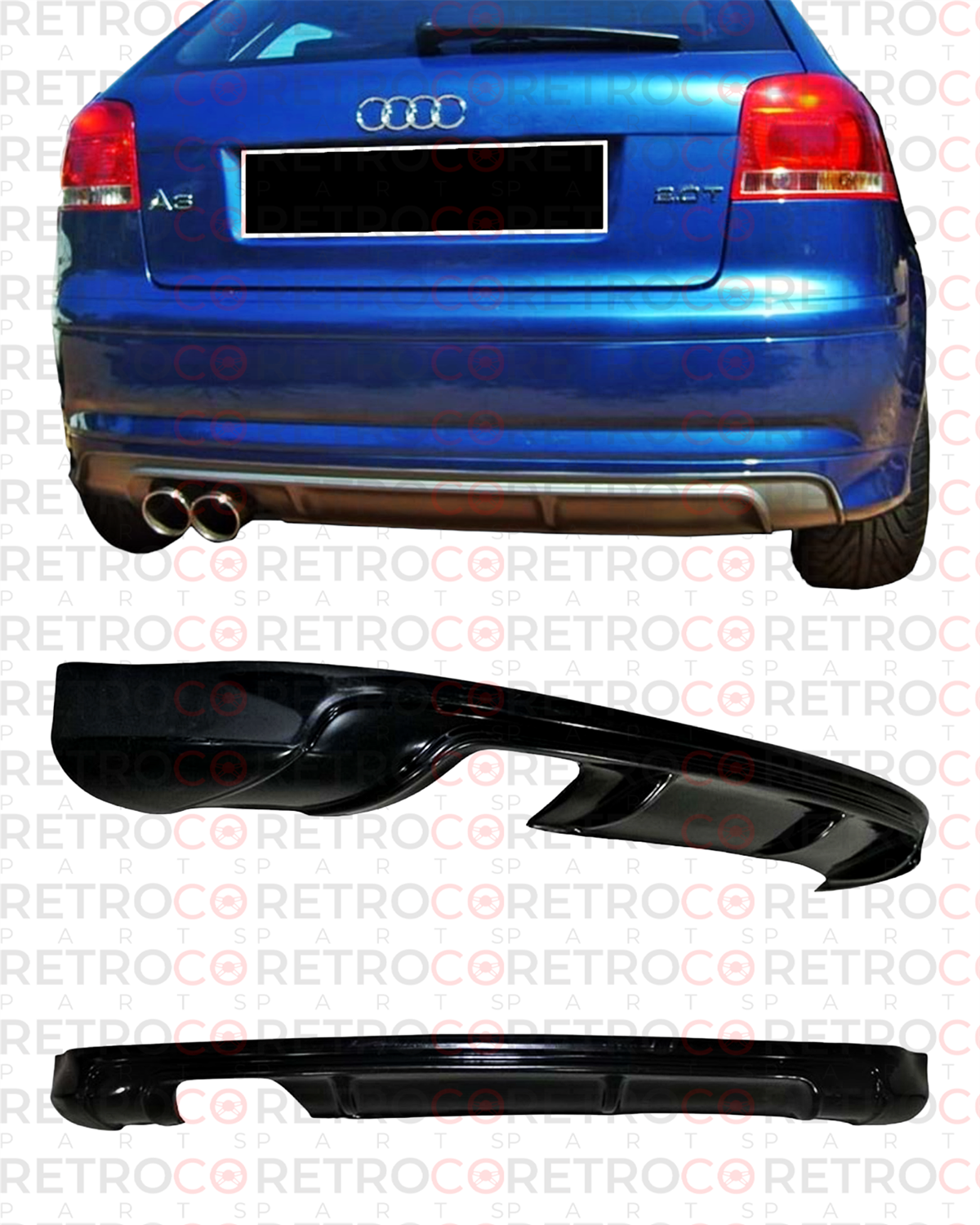 A3 8P S3 Style Rear Bumper Lip Left Dual Output Raw Surface Vacuum Plastic  2005-2008 (2 Door) A3 8P FL