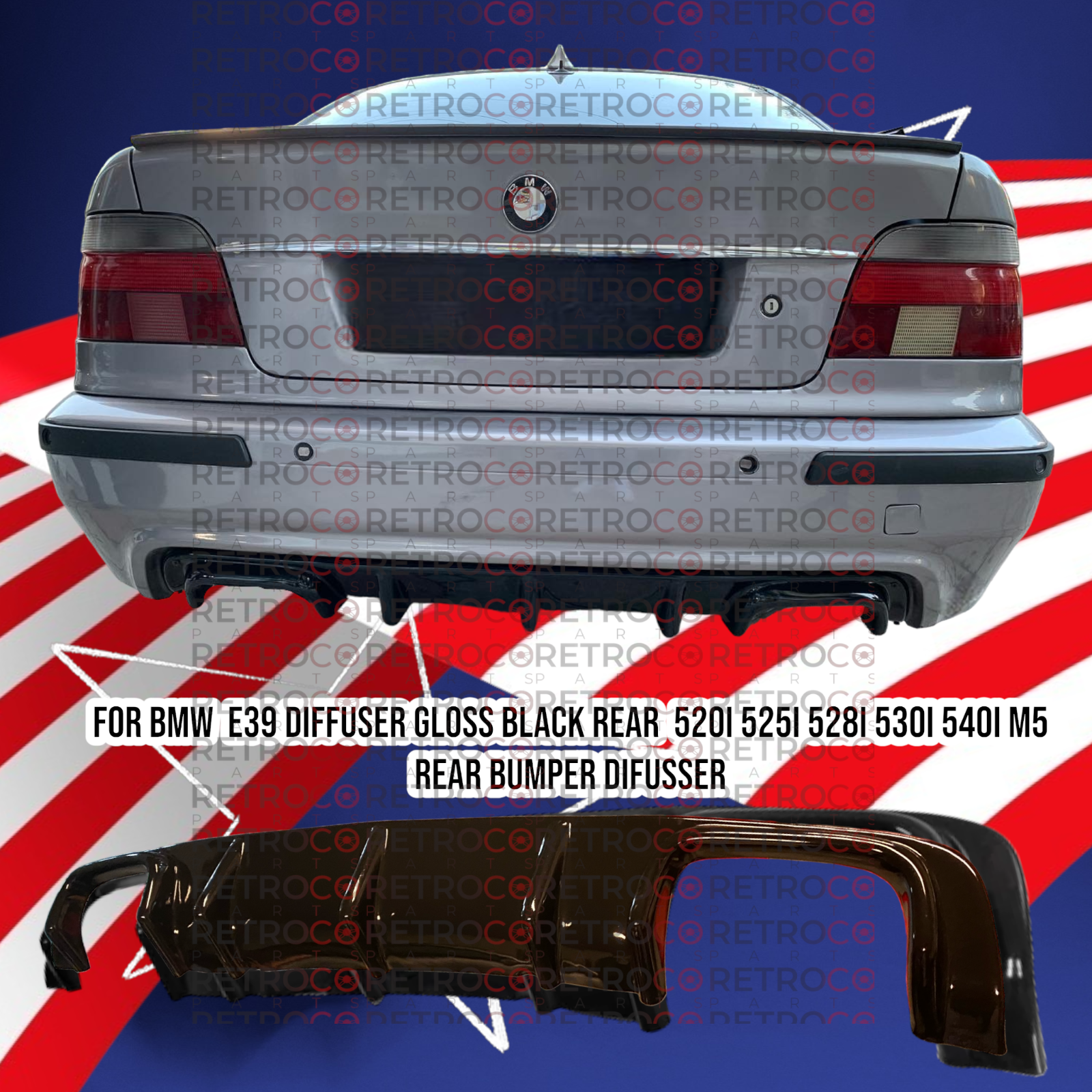 96-03 For BMW E39 5-Series M5 m tech Rear Bumper Diffuser Gloss Black Abs Plast