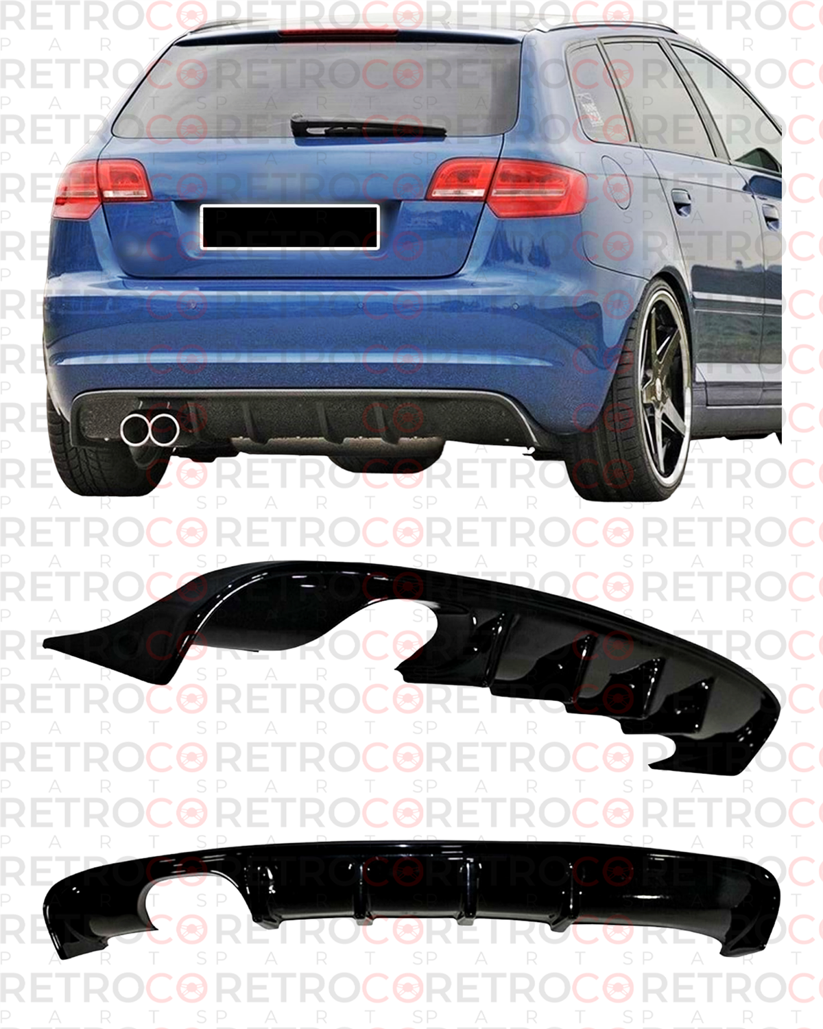 A3 8P S3 Style Rear Diffuser Piano Black Left Dual Outputs Vacuum Plastic  2008-2010 2008-2012  8P FL (4 Kapı) stndrt