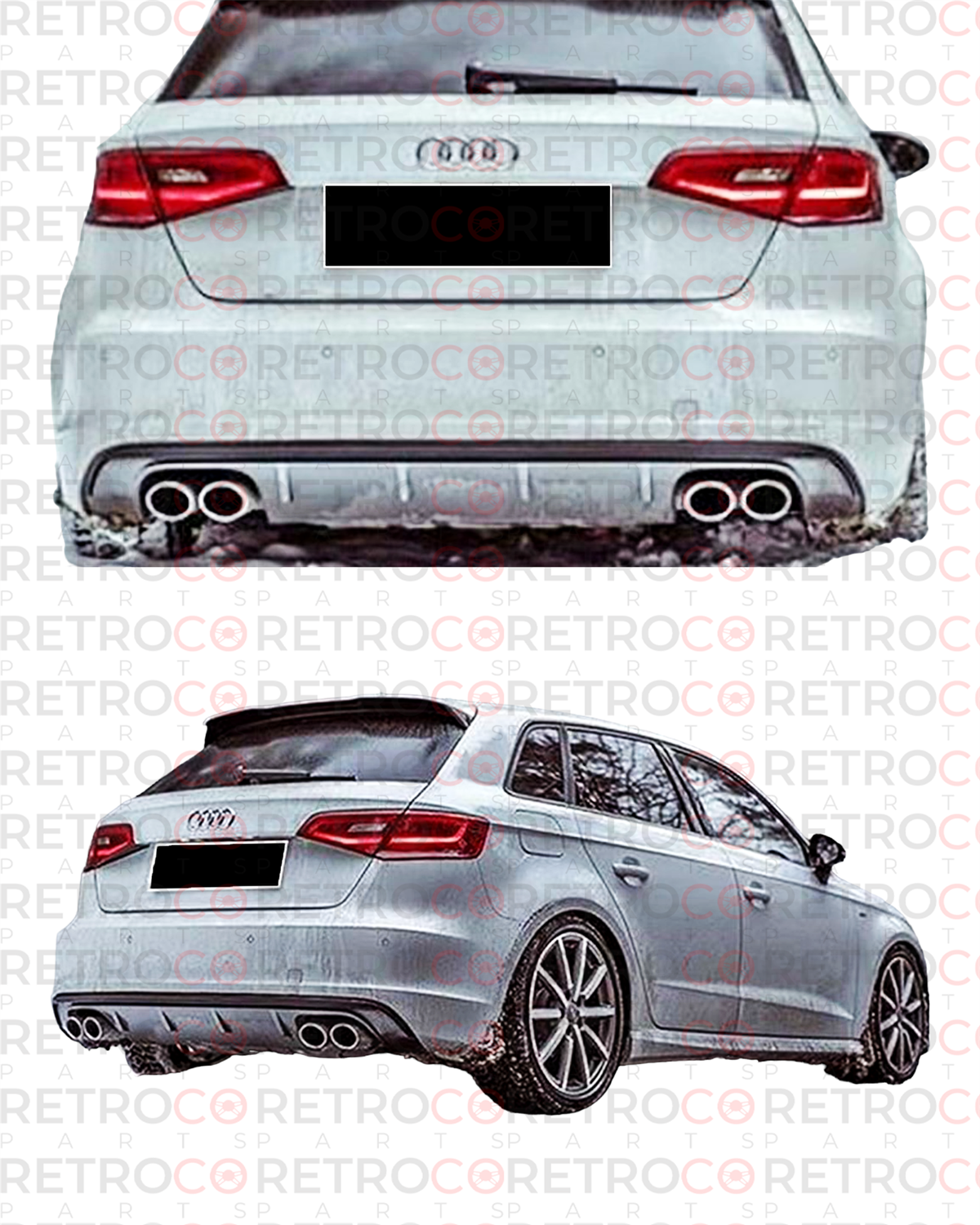 A3 8V S3 Rear Diffuser Piano Black Left+Right Dual Outputs Vacuum Plastic (HB)  2012-2016  8V - (2-4 DoorHB)