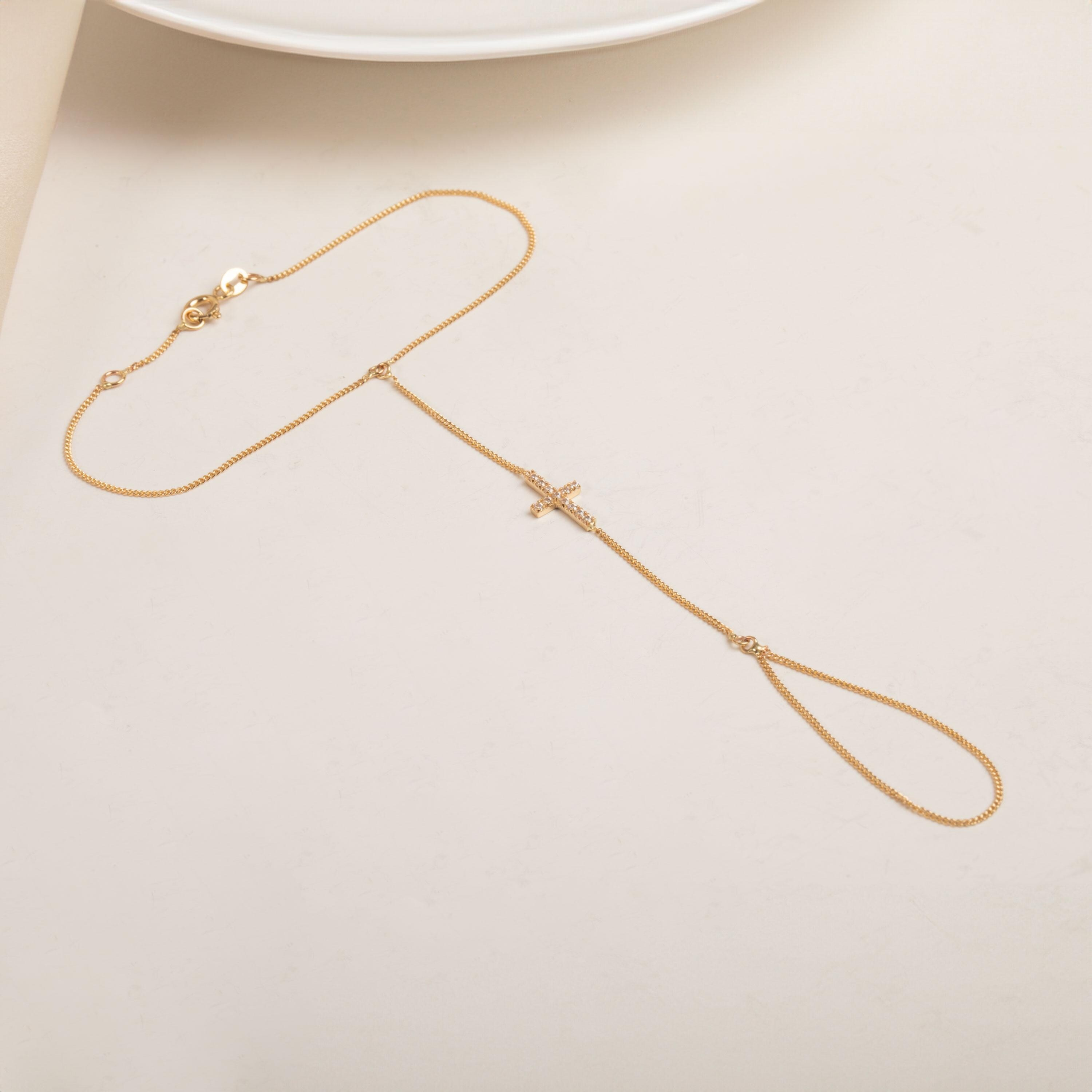 0.13 Carat Diamond Gold Cross Hand Chain Bracelet