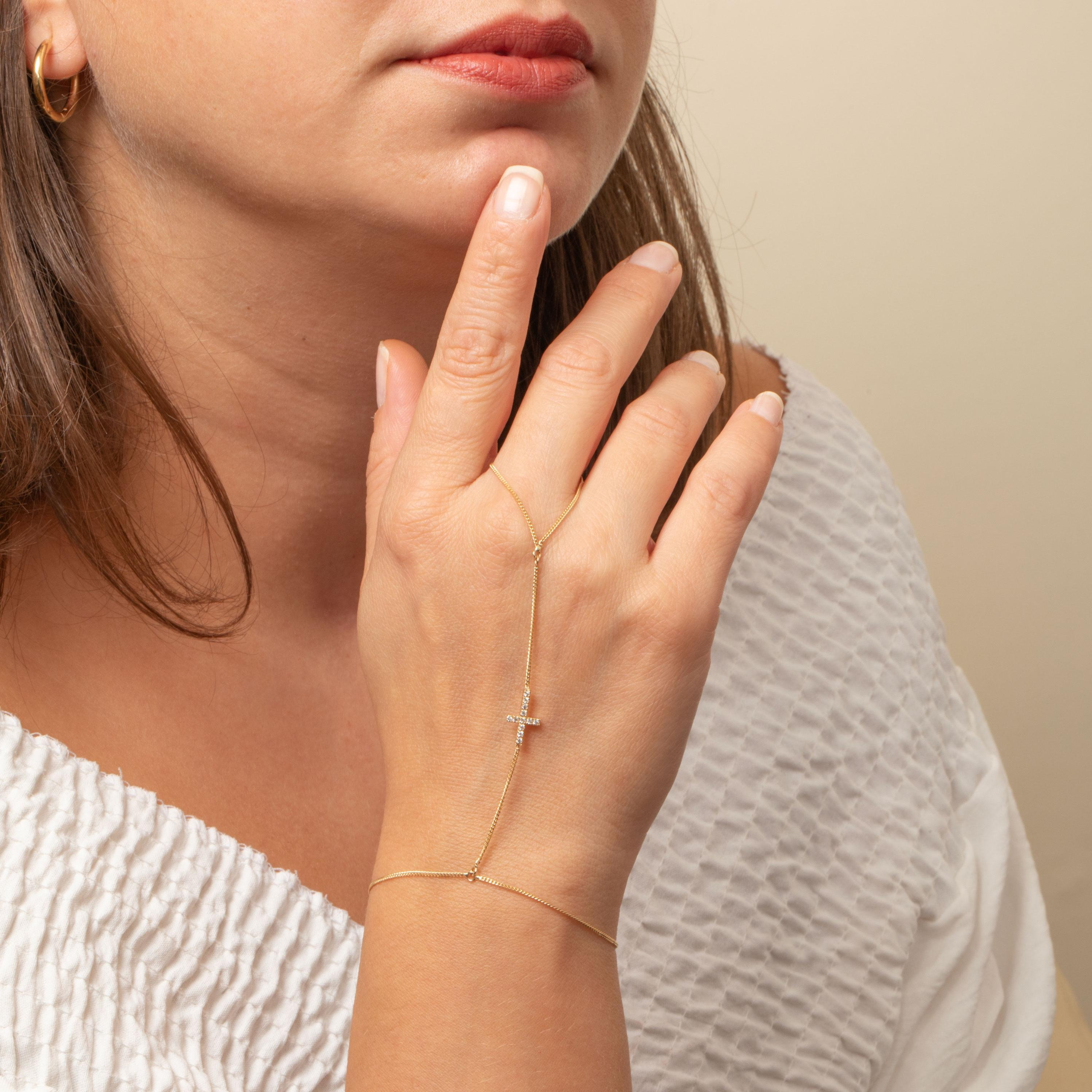 0.13 Carat Diamond Gold Cross Hand Chain Bracelet