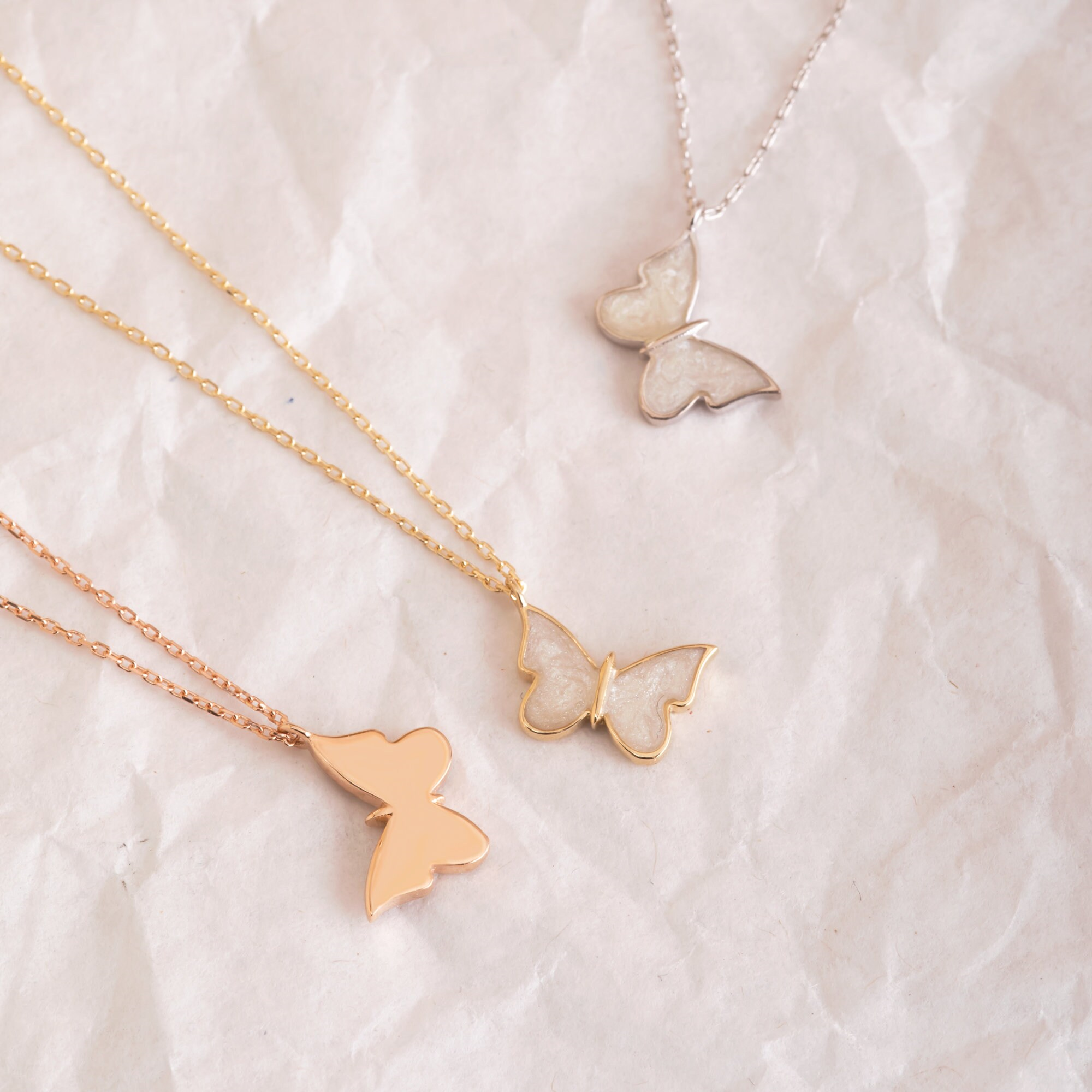 Gold White Enamel Butterfly Necklace