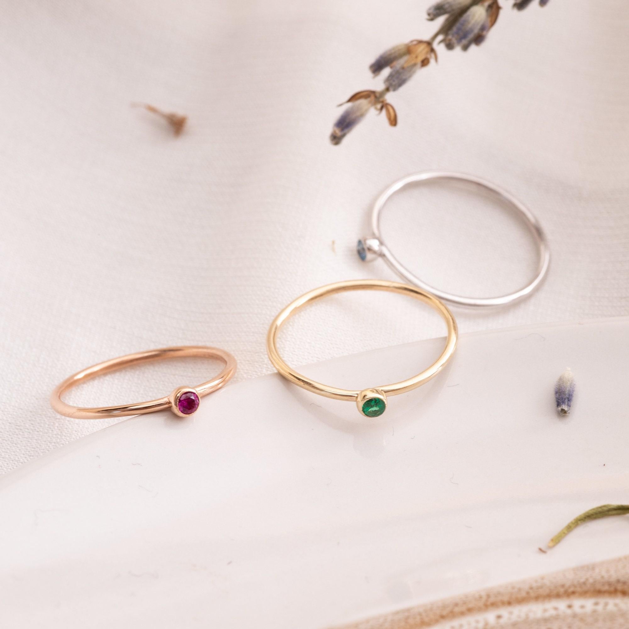 Solid Gold Thin Birthstone Band Ring