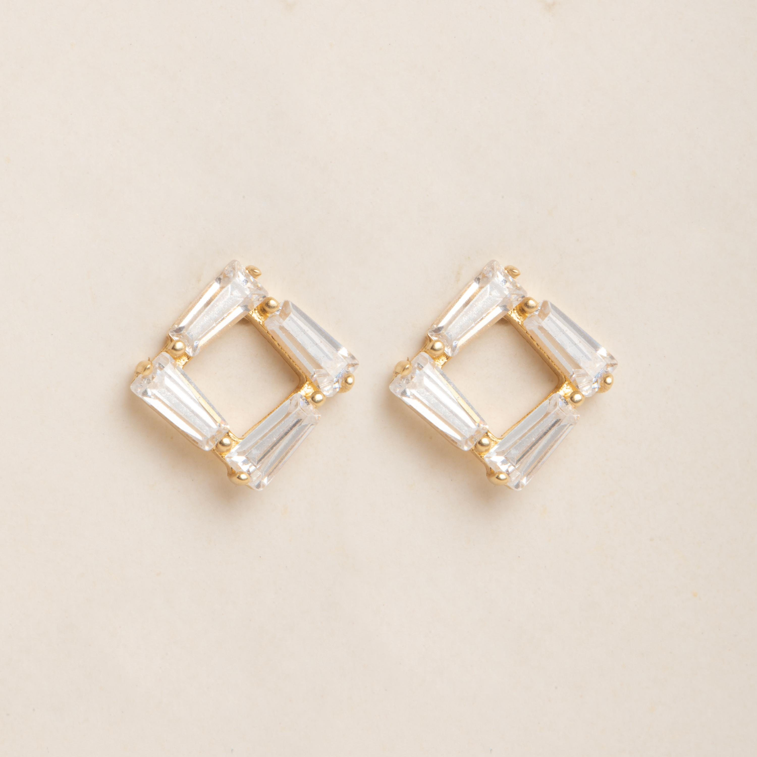 Gold Baguette CZ Square Stud Earrings