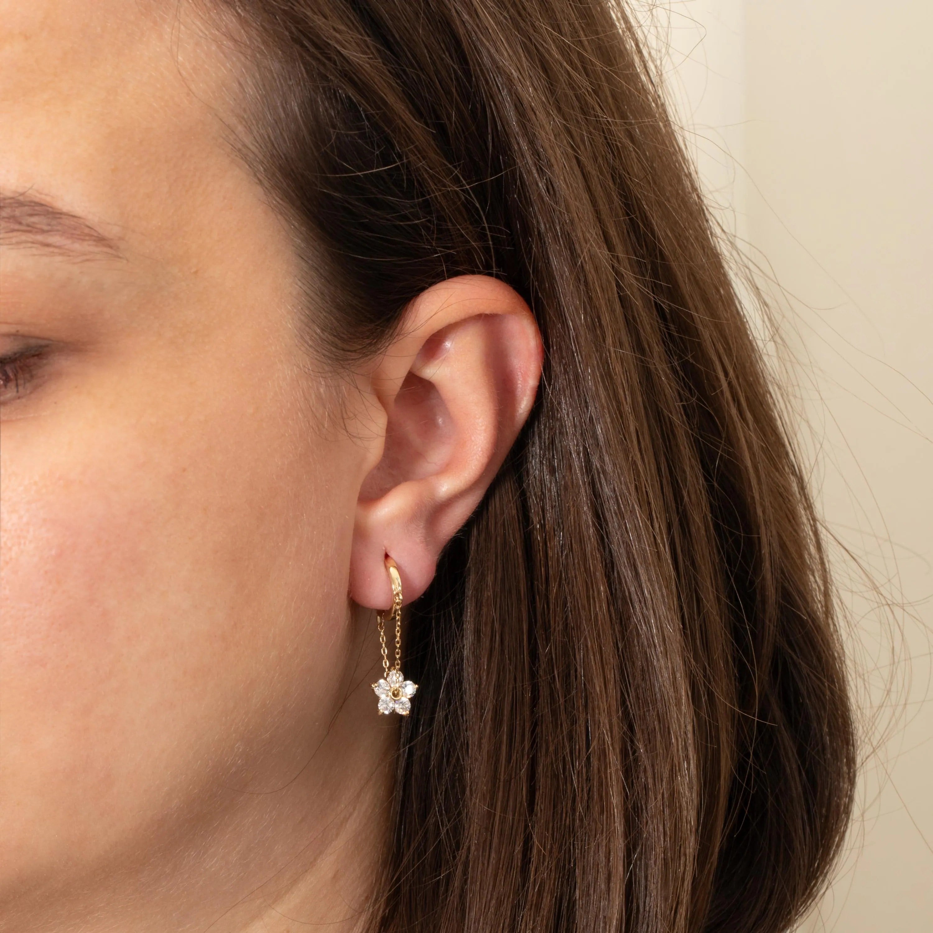 Gold Dangling Chain Flower Huggie Earrings