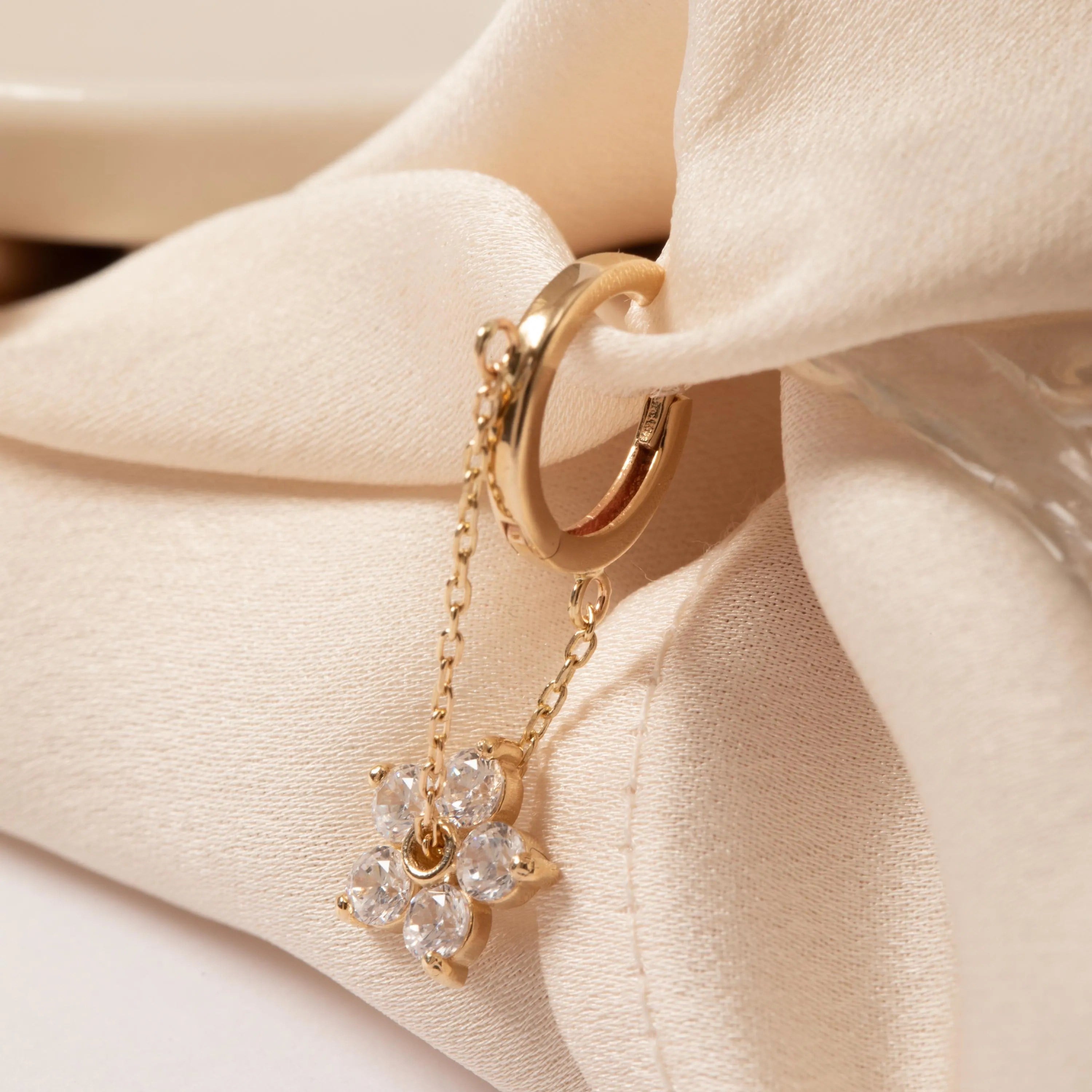 Gold Dangling Chain Flower Huggie Earrings