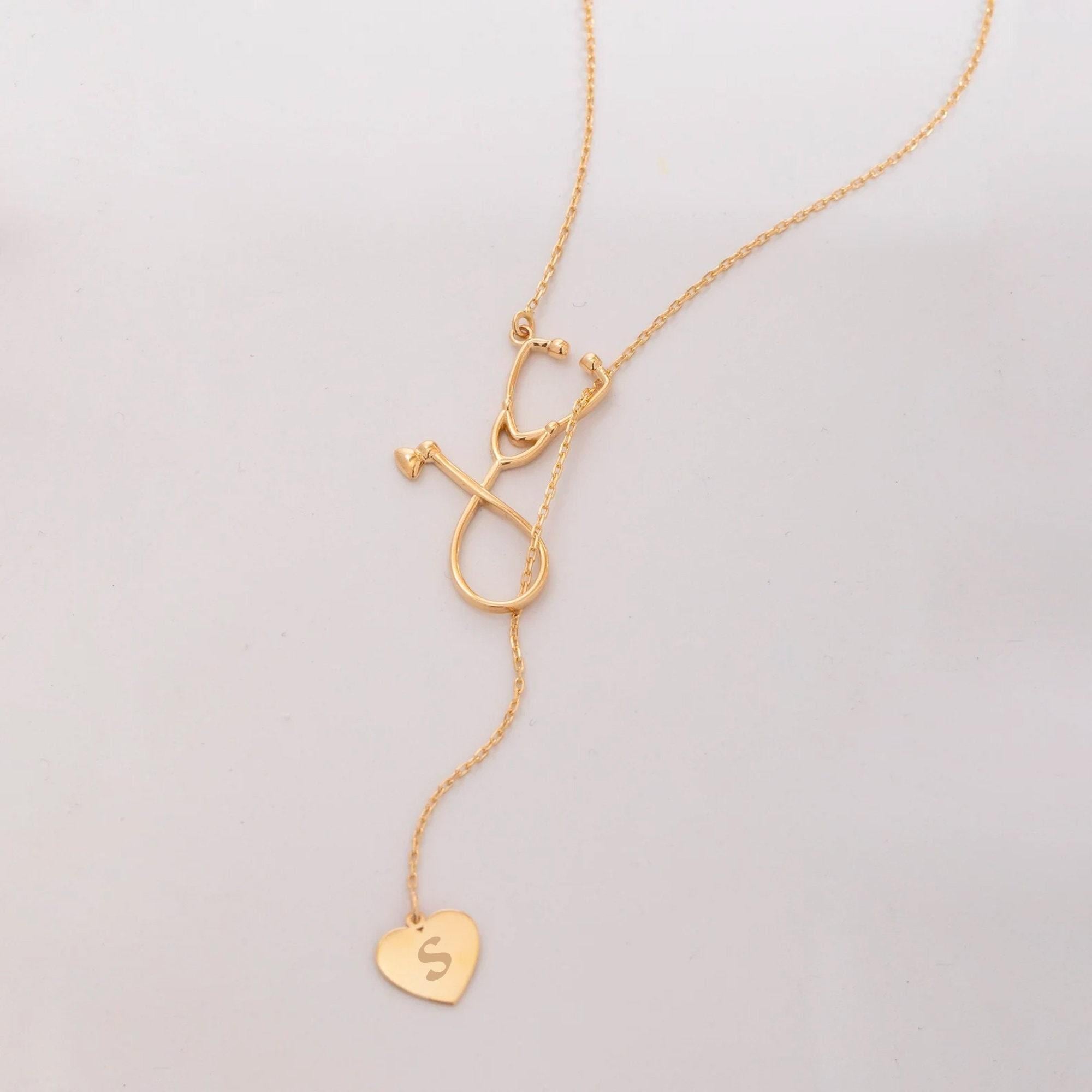 Gold Stethoscope Heart Lariat Necklace