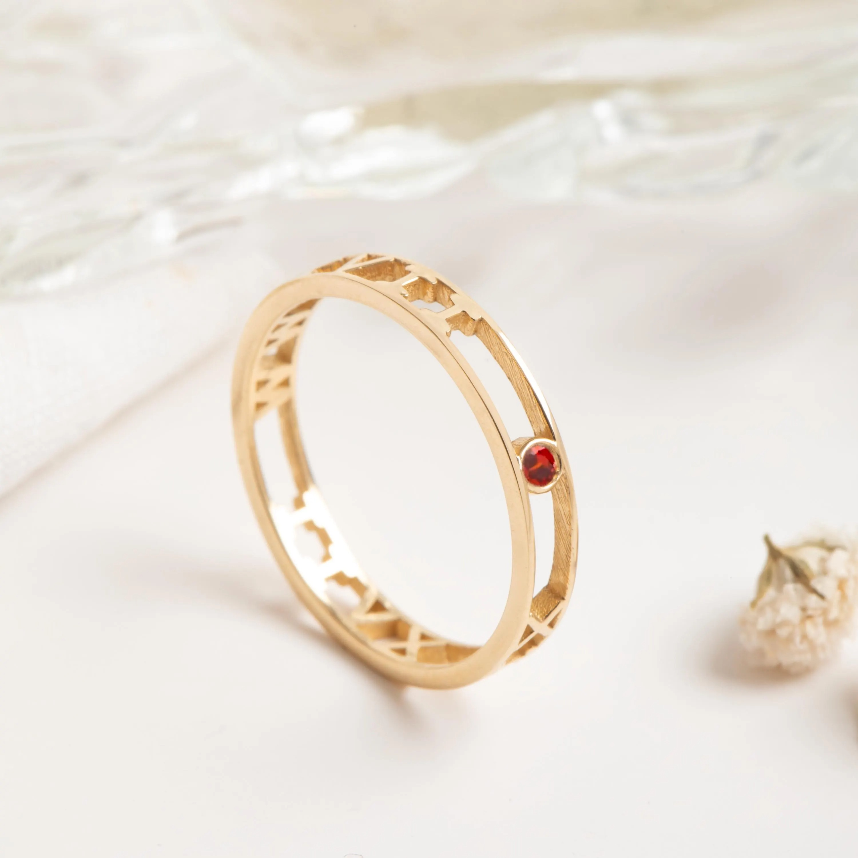 Gold Roman Numeral Birthstone Ring