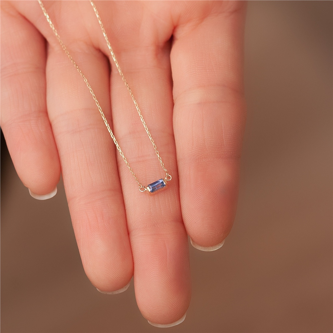 Solid Gold Solitaire Baguette Sapphire Necklace