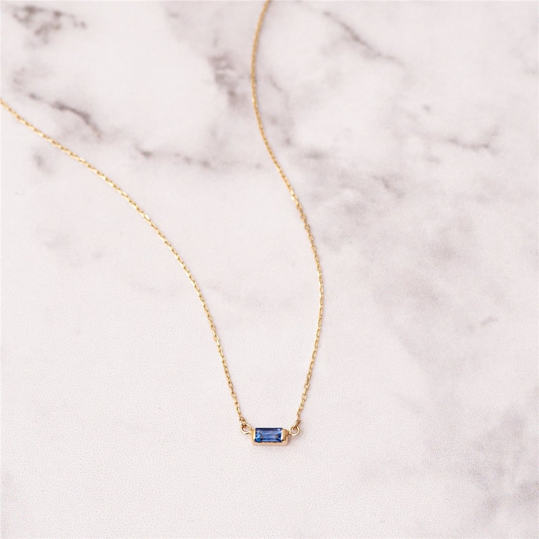 Solid Gold Solitaire Baguette Sapphire Necklace
