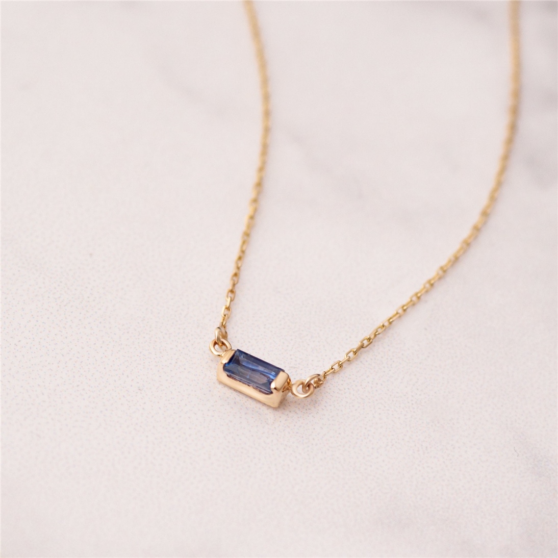 Solid Gold Solitaire Baguette Sapphire Necklace