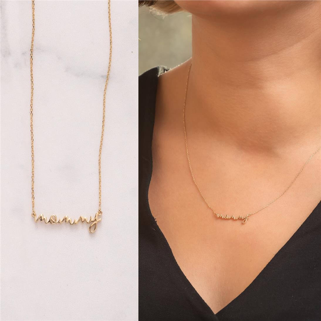 Solid Gold Script Font Mama Necklace