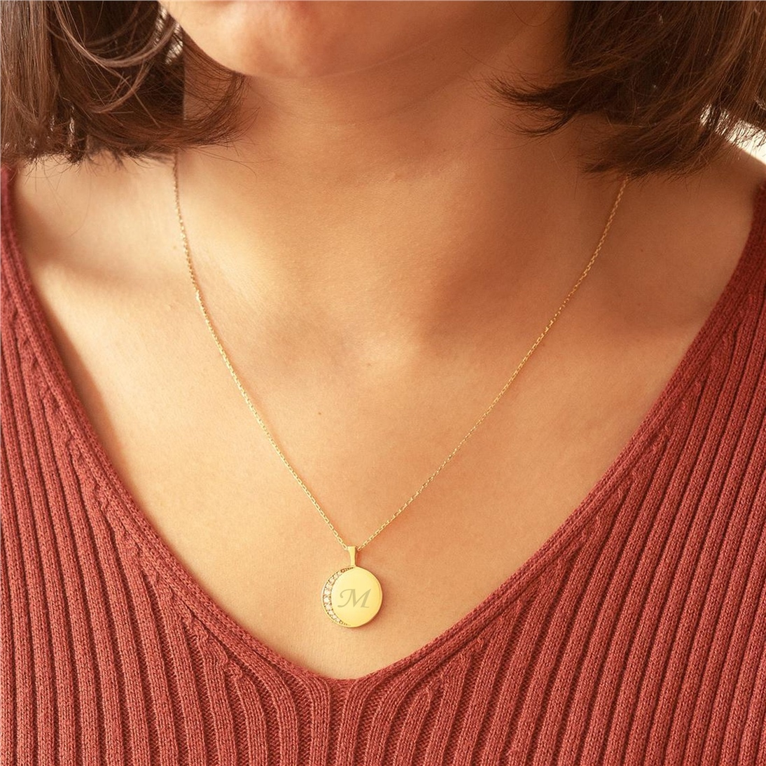 Solid Gold Crescent Moon And Engraved Name Medallion Necklace