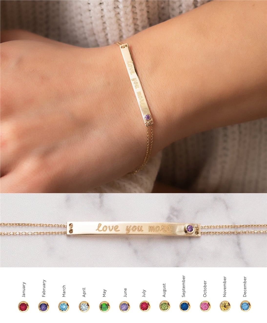Solid Gold Birthstone Bar Bracelet