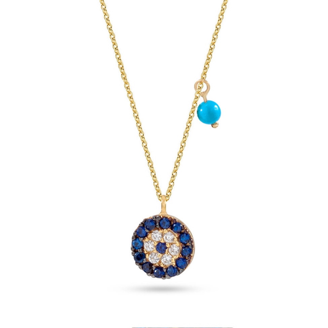 Solid Gold Evil Eye with Turquoise Charm Circular Necklace