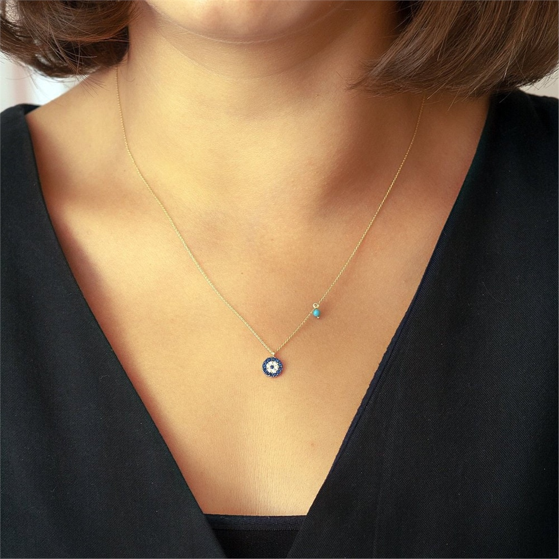Solid Gold Evil Eye with Turquoise Charm Circular Necklace