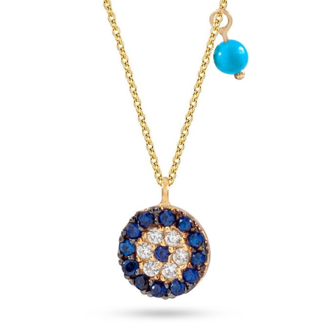Solid Gold Evil Eye with Turquoise Charm Circular Necklace