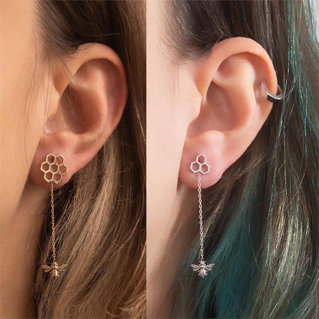 Solid Gold Honeycomb and Bee Earrings
