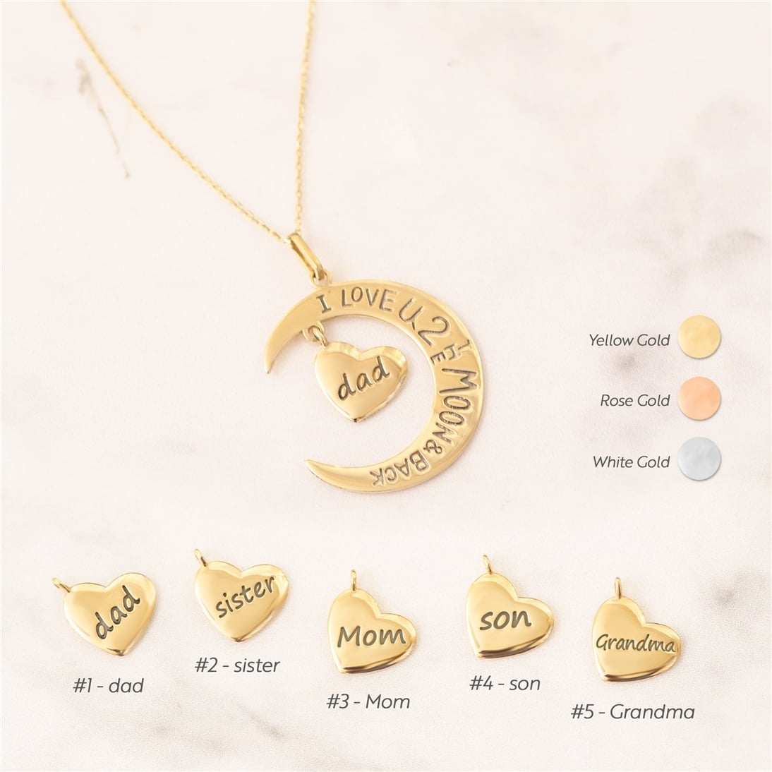 Solid Gold Moon and Heart Necklace