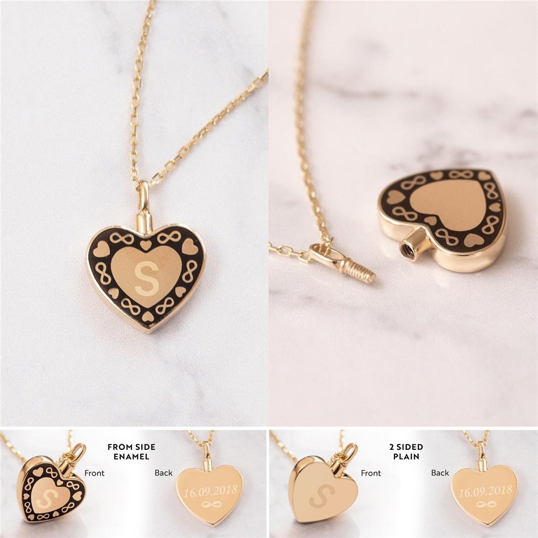 Solid Gold Enamel Heart Urn Necklace