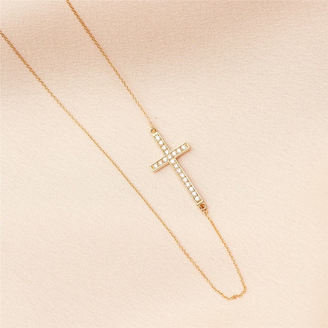 Solid Gold Sideways Diamond Cross Necklace