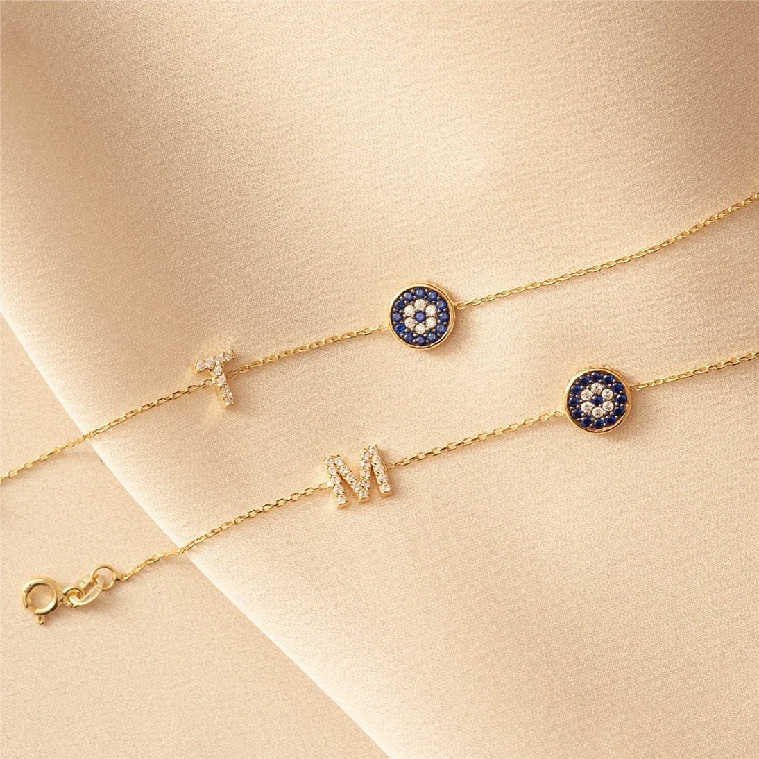 Solid Gold Blue Eye Letter Necklace
