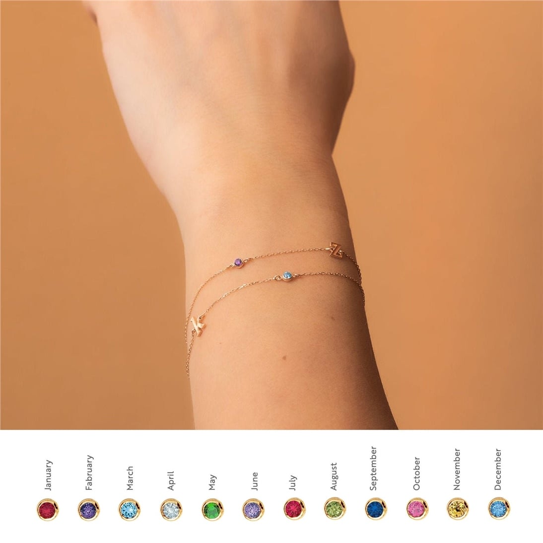 Solid Gold Letter and Birthstone Bracelet