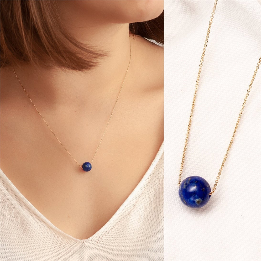 Solid Gold Lapis Ball Necklace