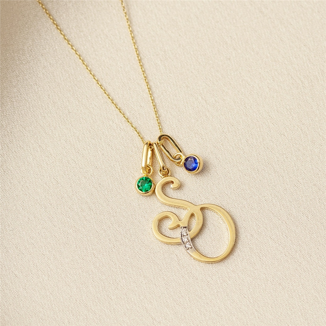 Solid Gold Birthstone Double Letter Necklace