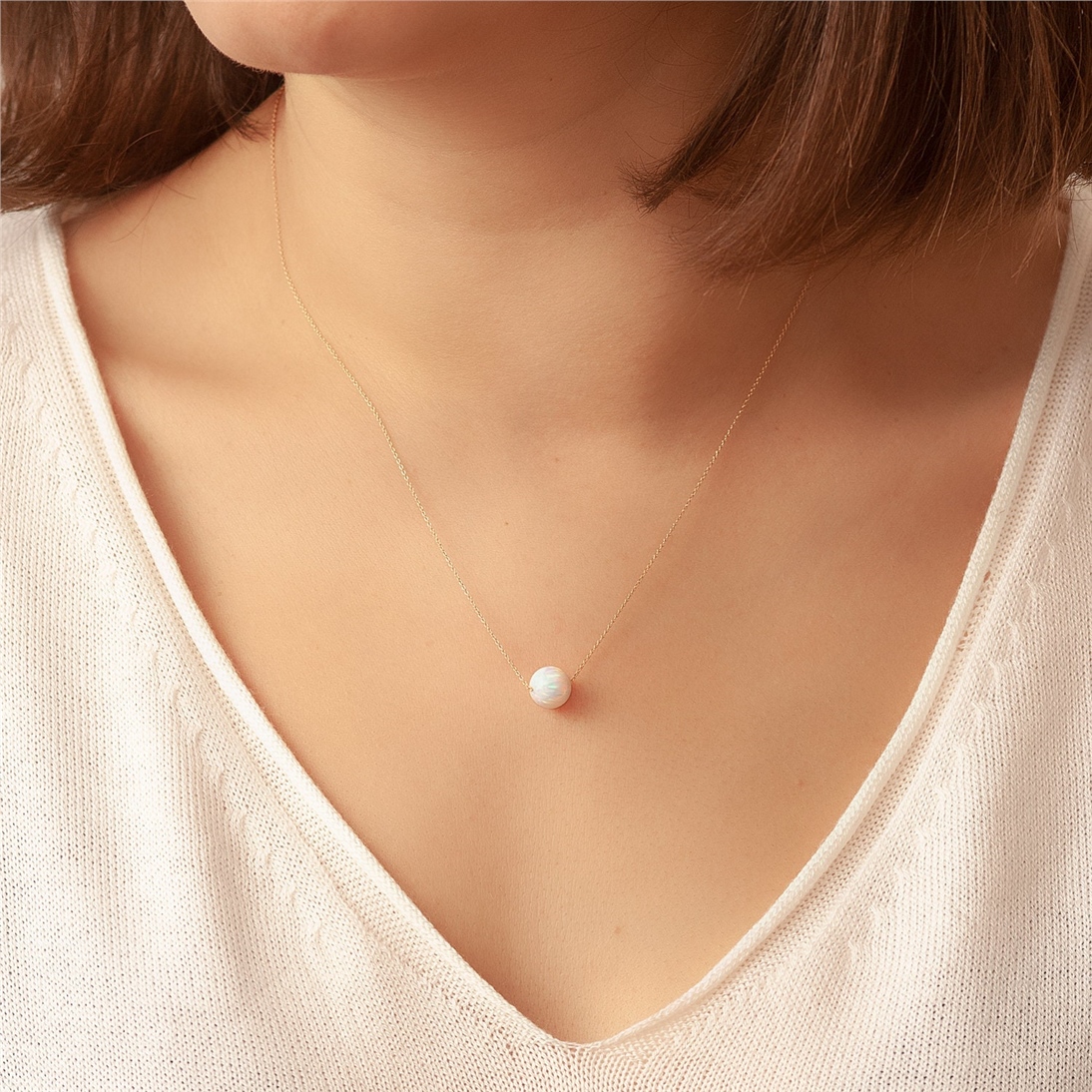 Solid Gold White Opal Ball Necklace