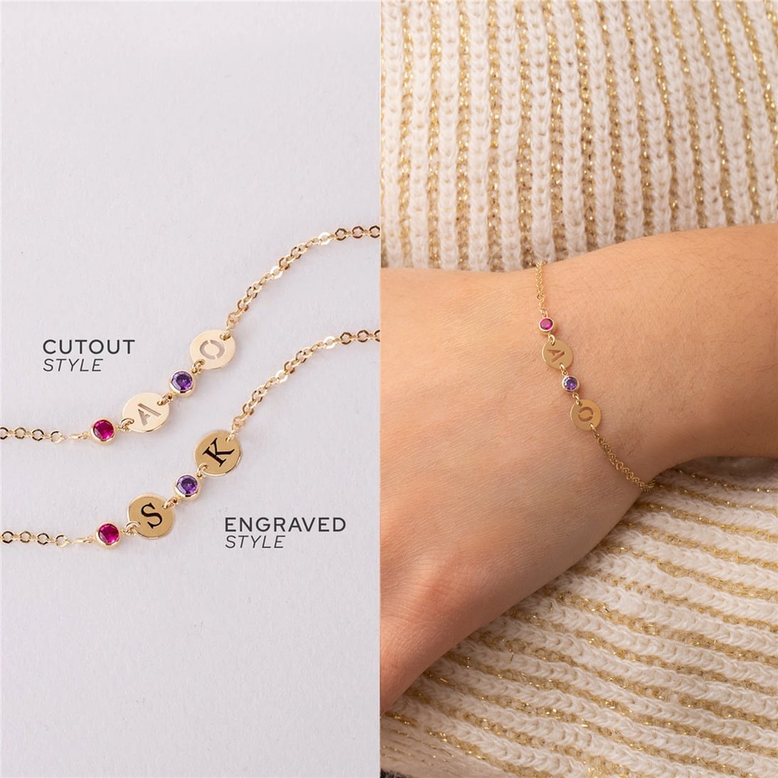 Solid Gold Birthstone & Initial Disc Bracelet