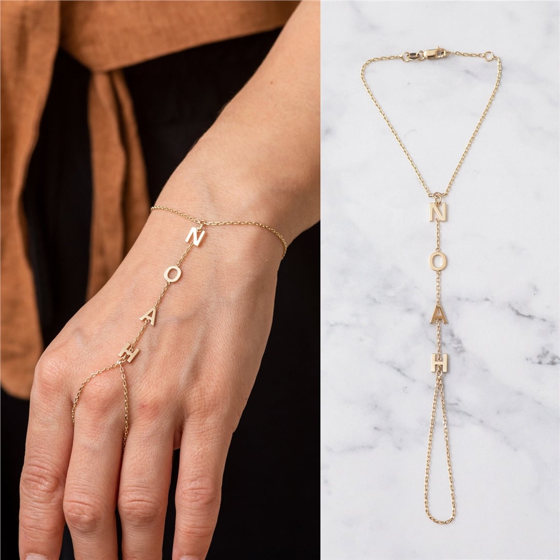 Solid Gold Initial Hand Chain Bracelet